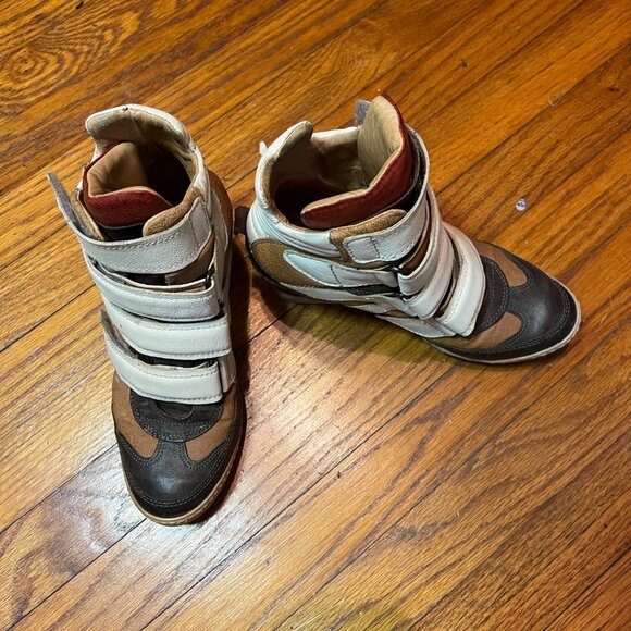 A.S. 98 Brown Leather Wedge High Heel High Top Sneakers with Velcro Straps - Picture 2 of 7
